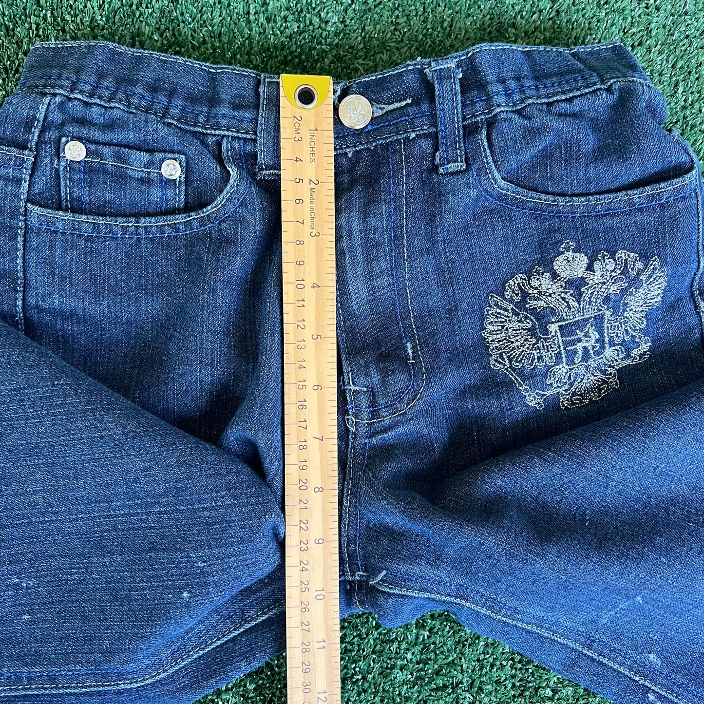 Y2K Distressed Old Skool Embroidered Indigo Blue Jean Shorts - 25x11"