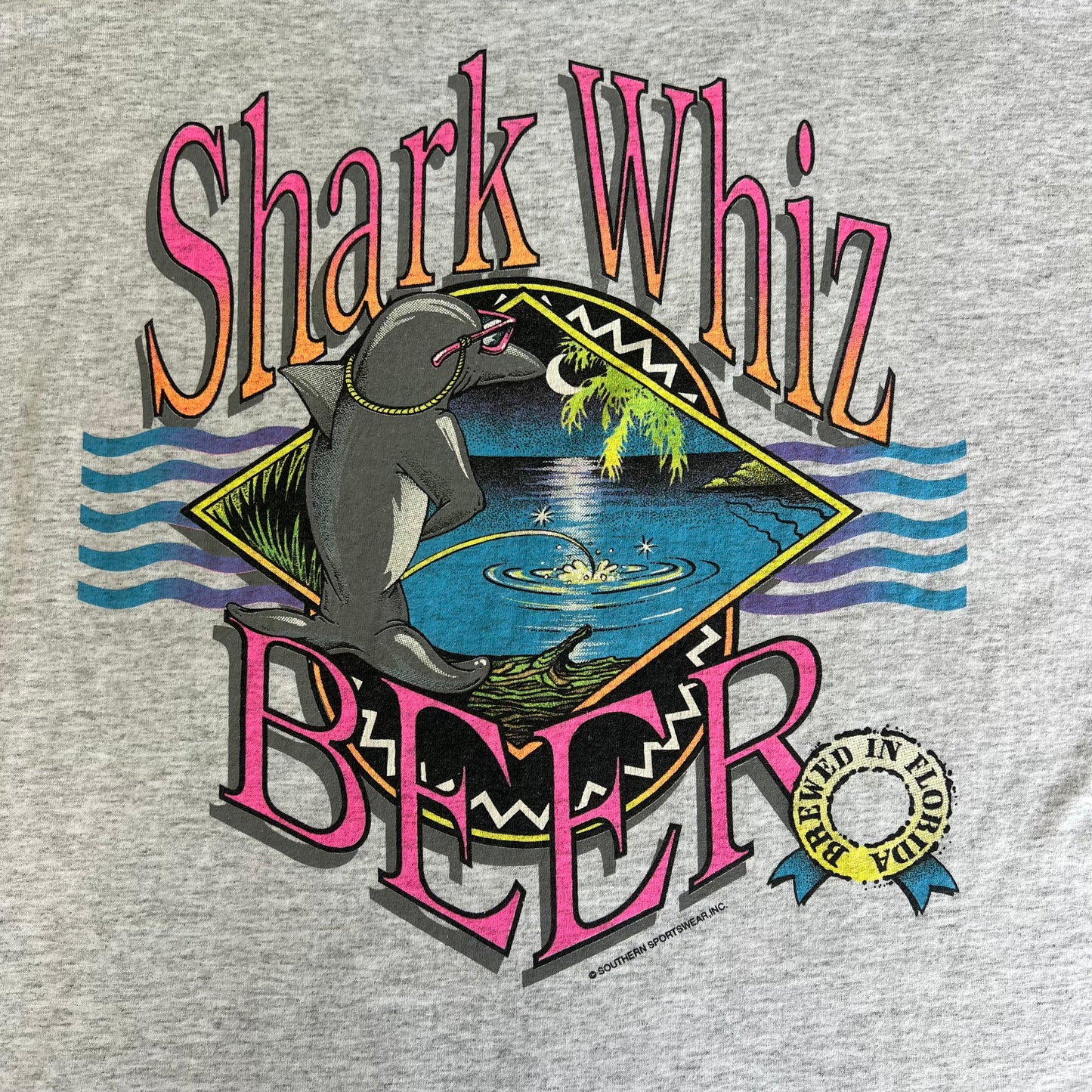 90s Shark Whiz Beer Florida Gray Single Stitch T-Shirt - XL