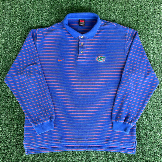 Y2K Nike Florida Gators Blue Stiped Long Sleeve Rugby Polo Shirt - XL