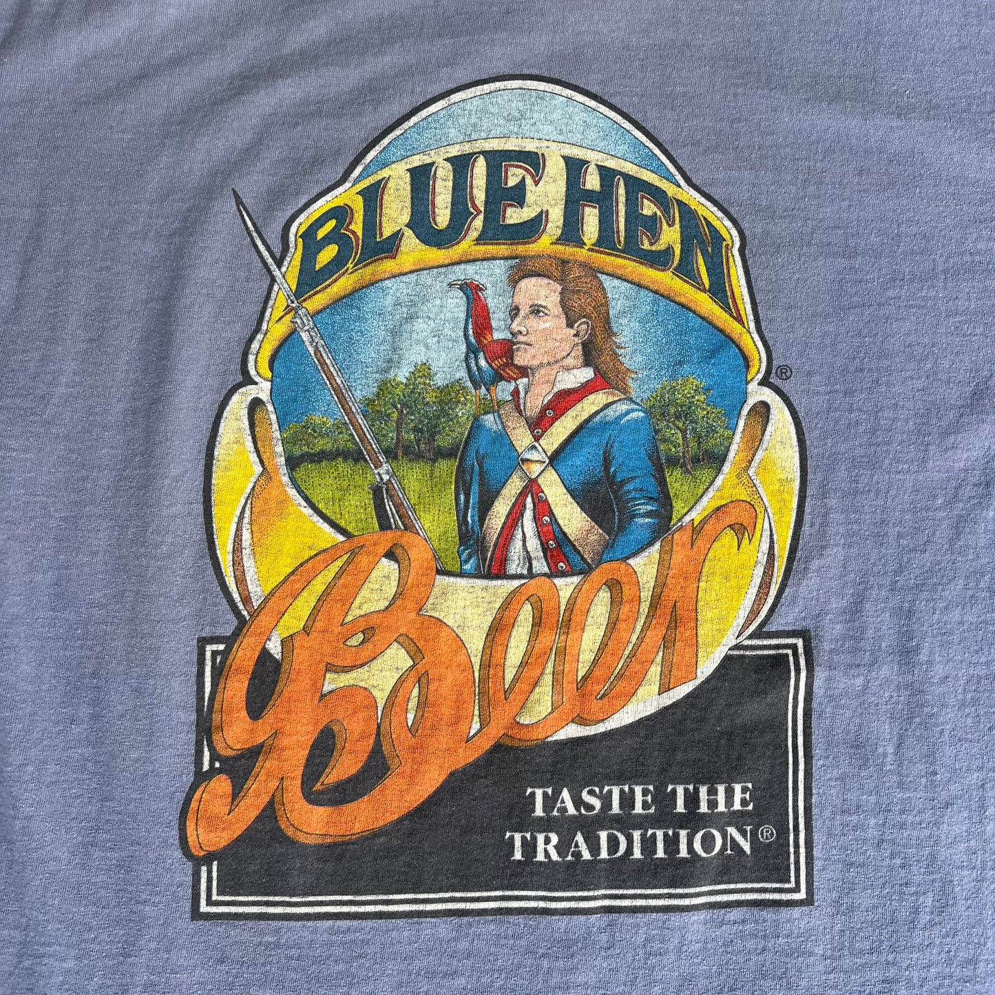 90s Blue Hen Beer Delaware Single Stitch Blue Distressed T-Shirt - XL