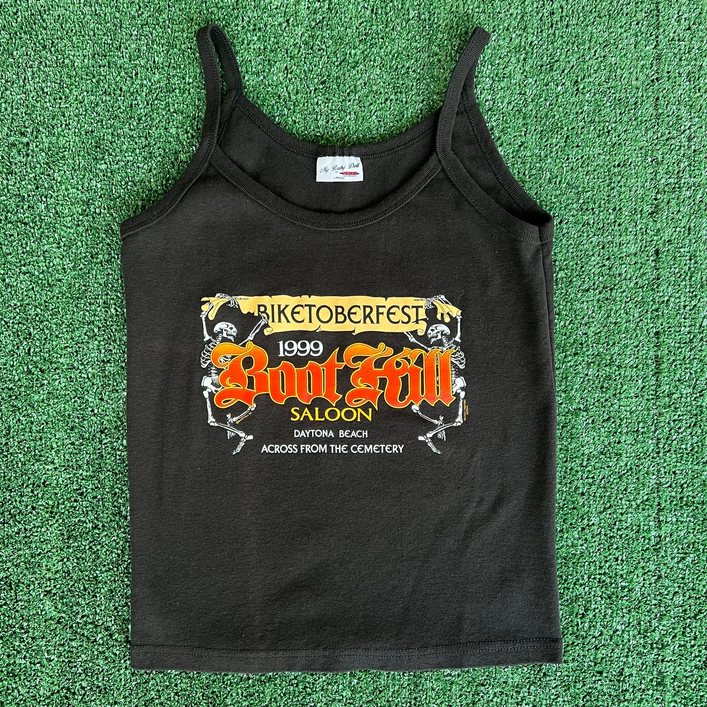 Women's 1999 Boothill Saloon Biketoberfest Skeleton Black Spaghetti Top - Large