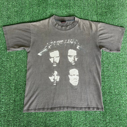 1991-1992 Metallica Band Faces Black Album Concert Tour Faded Black Smokey Gray T-Shirt - Large