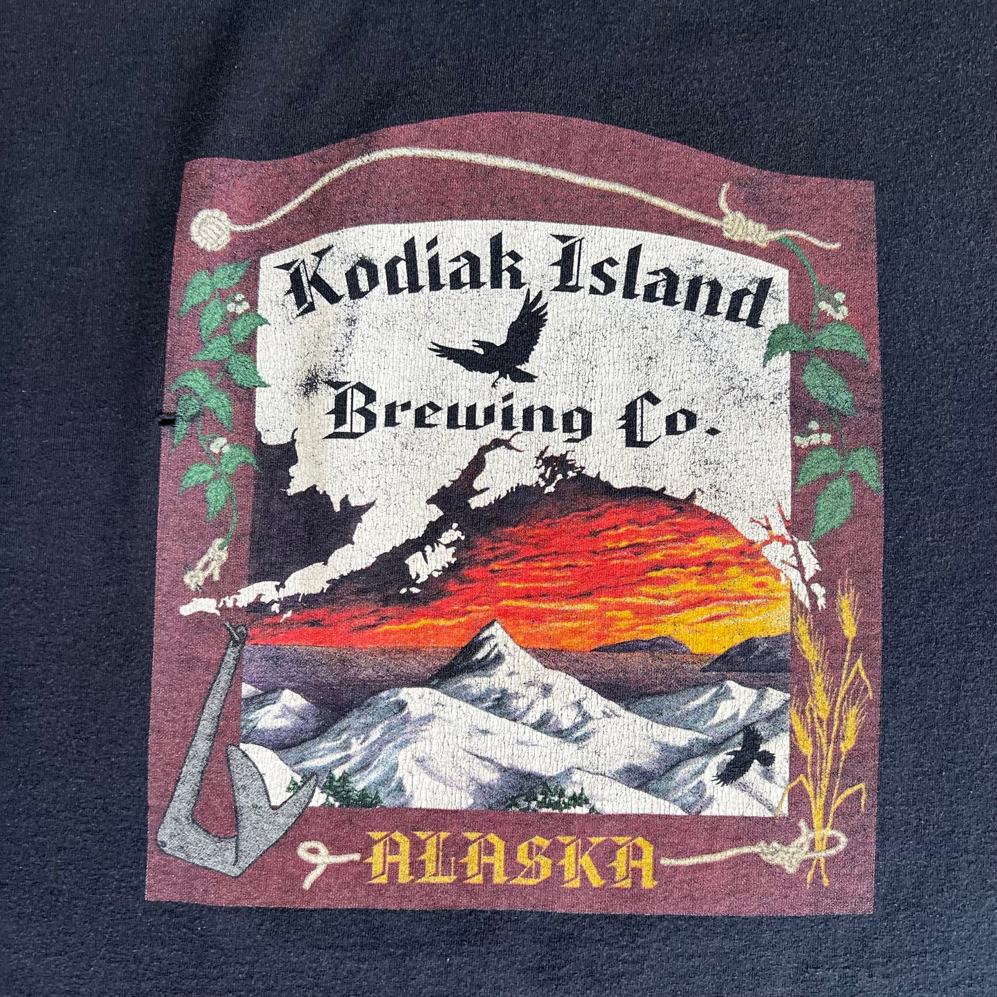 90s Y2K Kodiak Island Brewing Beer Ben God Alaska Faded Black T-Shirt - Large