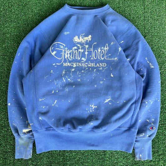 90s Champion Reverse Weave Grand Hotel Mackinac Island Blue Paint Splatter Sweatshirt - Large