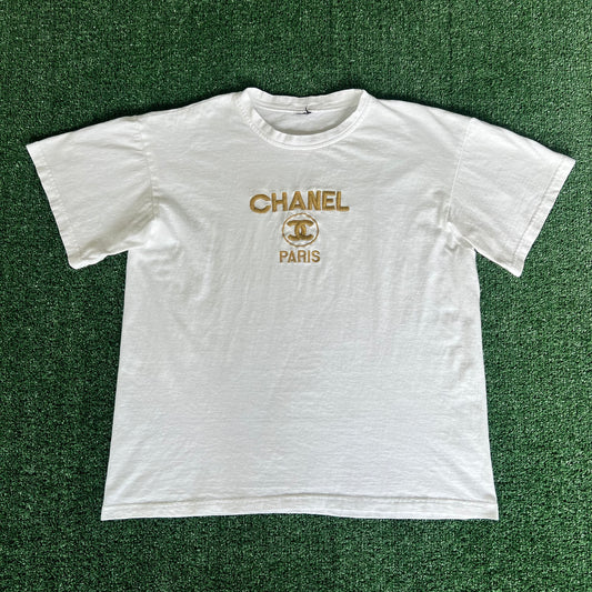 90s Chanel Paris Bootleg Gold Embroidered White T-Shirt - Large