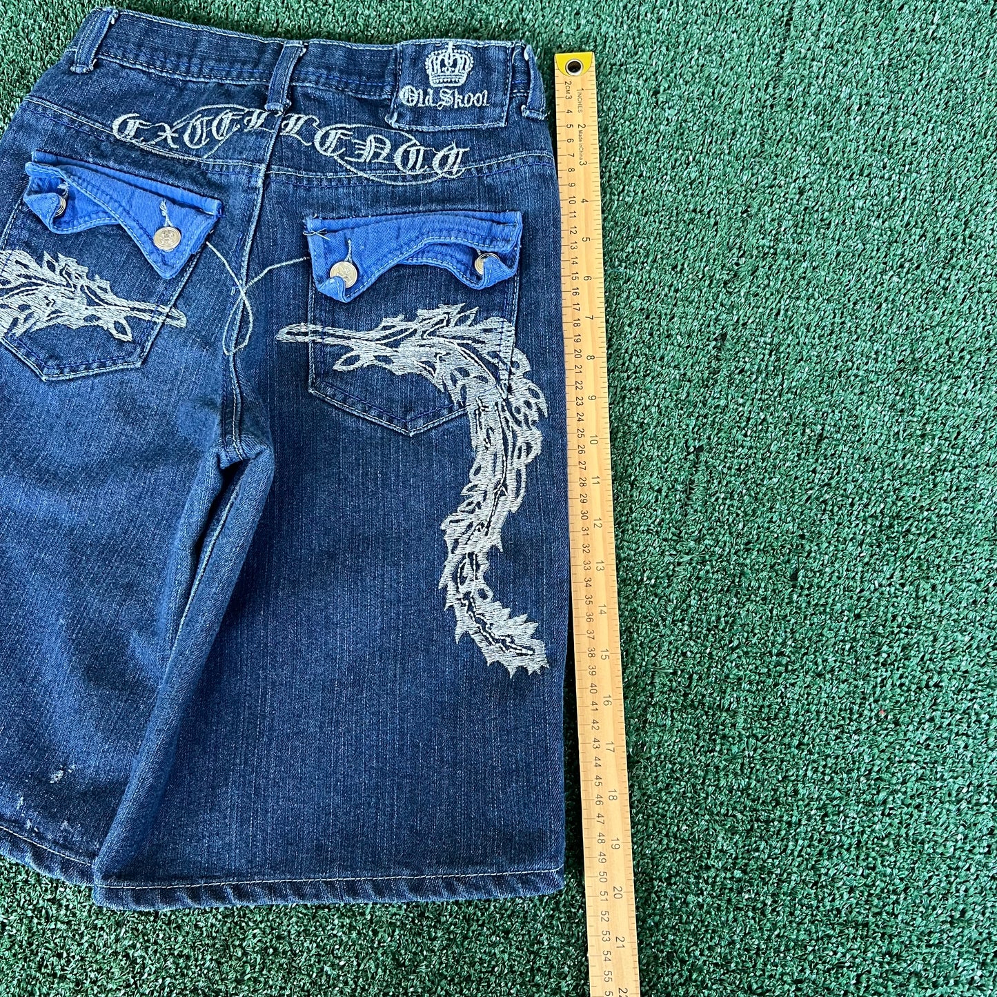 Y2K Distressed Old Skool Embroidered Indigo Blue Jean Shorts - 25x11"