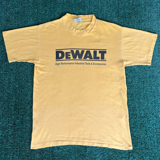 90s DeWalt Tools Yellow Distressed Single Stitch T-Shirt - Large