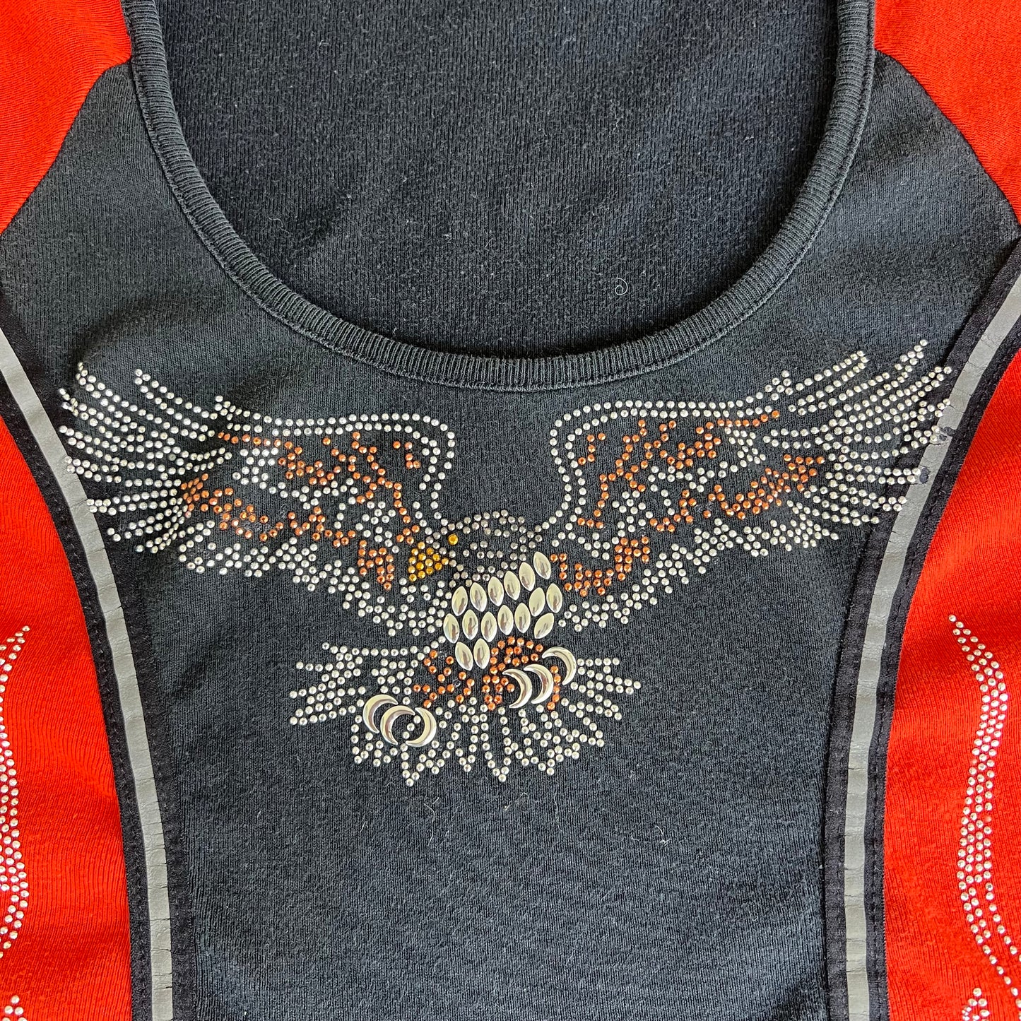 Women's Y2K Biker Design Tribal Flame Eagle Rhinestones Orange Black Scoop Neck T-Shirt - Medium