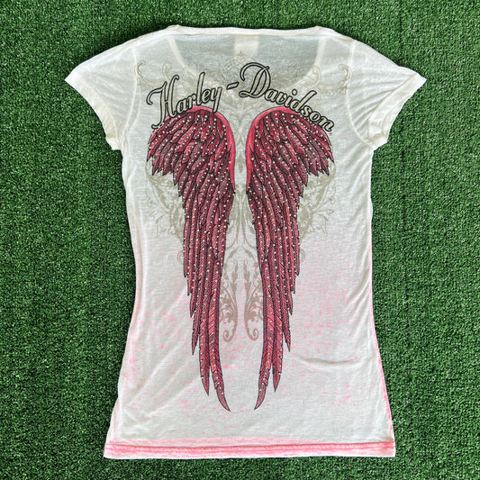 Women's Y2K Harley-Davidson Wings Tribal Thin White Pink Gradient Distressed T-Shirt - Small