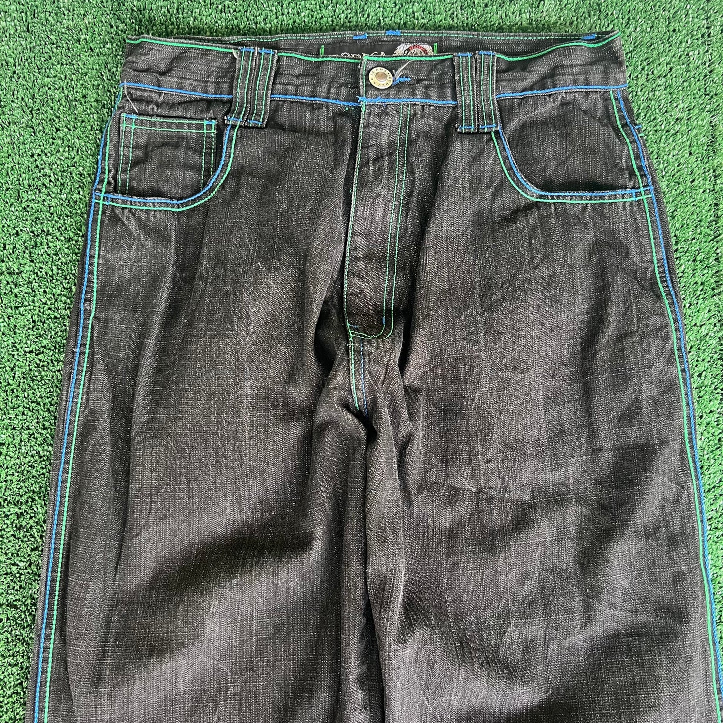 Y2K Dodeca Black Green Blue Embroidery Jeans - 32x31" 19" Opening