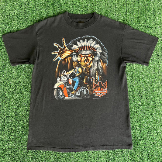 1992 3D Emblem Harley-Davidson Motorcycles American Biker Native American Skull Black T-Shirt - Large