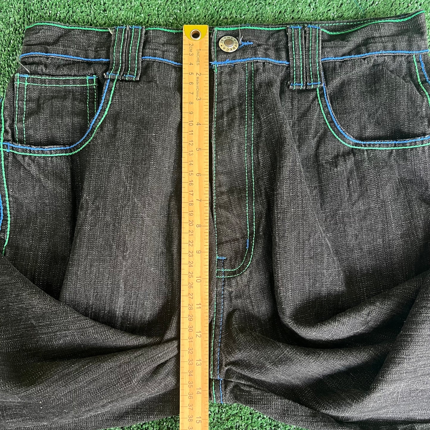 Y2K Dodeca Black Green Blue Embroidery Jeans - 32x31" 19" Opening