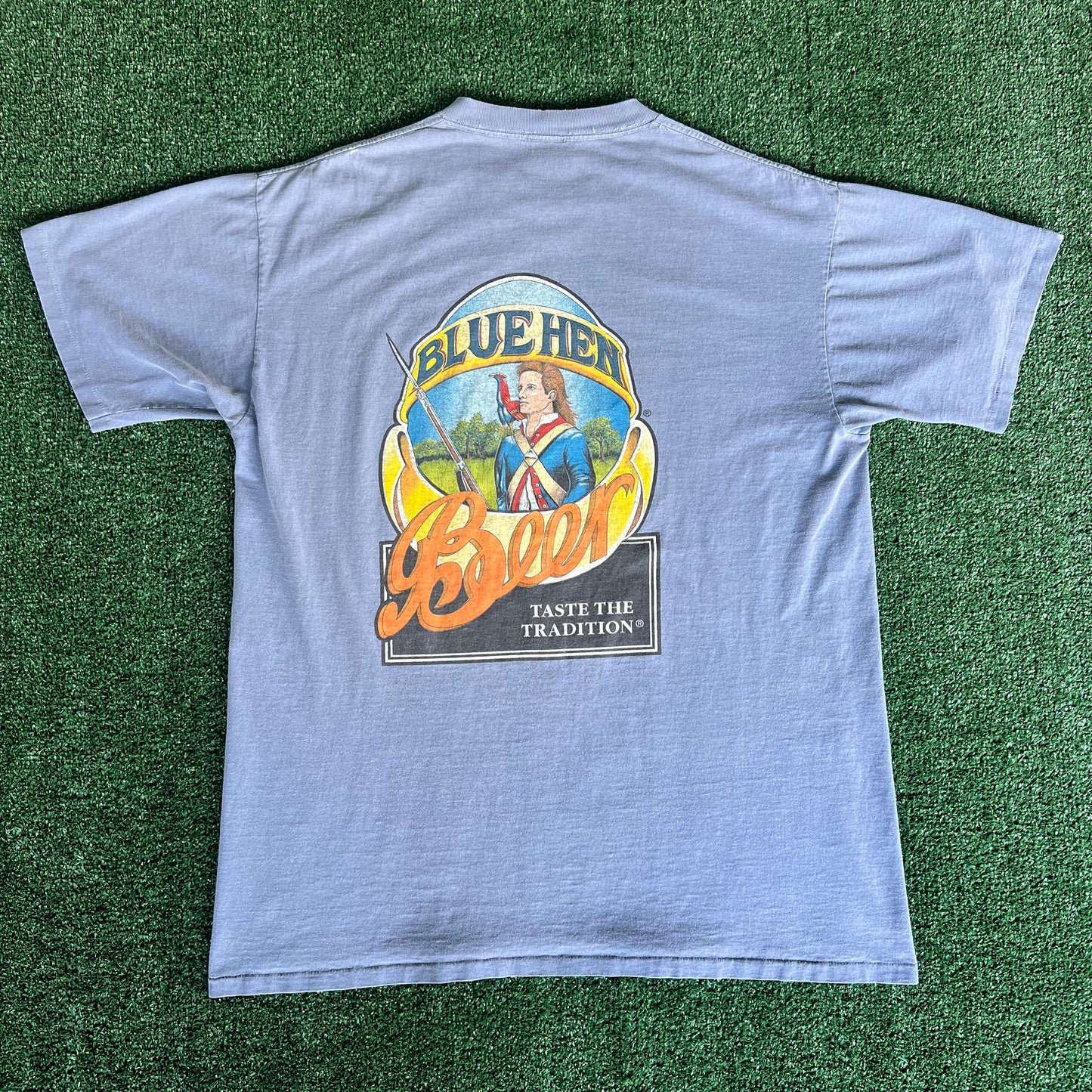 90s Blue Hen Beer Delaware Single Stitch Blue Distressed T-Shirt - XL