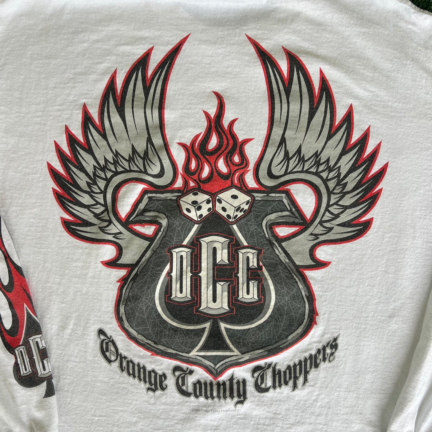 Y2K Orange County Choppers Biker Tribal Flame Dice Wings White Long Sleeve T-Shirt - XL