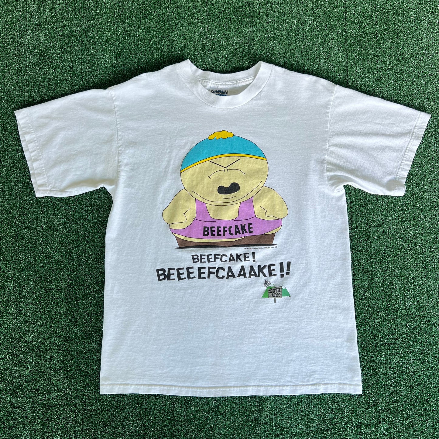 90s South Park TV Show Beefcake Cartman Funny White T-Shirt - Medium