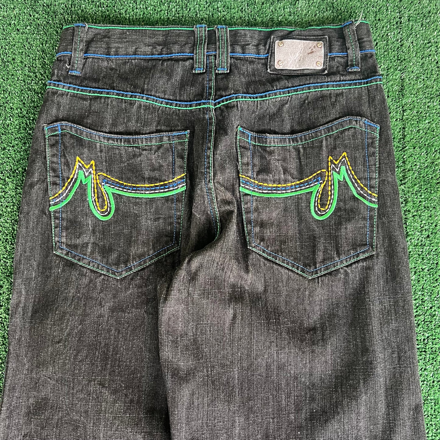 Y2K Dodeca Black Green Blue Embroidery Jeans - 32x31" 19" Opening