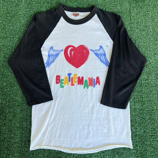 80s The Beatles "Beatlemania" Rock Band White Black Raglan Sleeve Shirt - Small