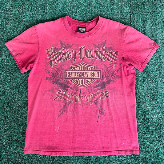 Y2K Harley-Davidson Axes Falcons Tribal Old English Faded Red T-Shirt - Large