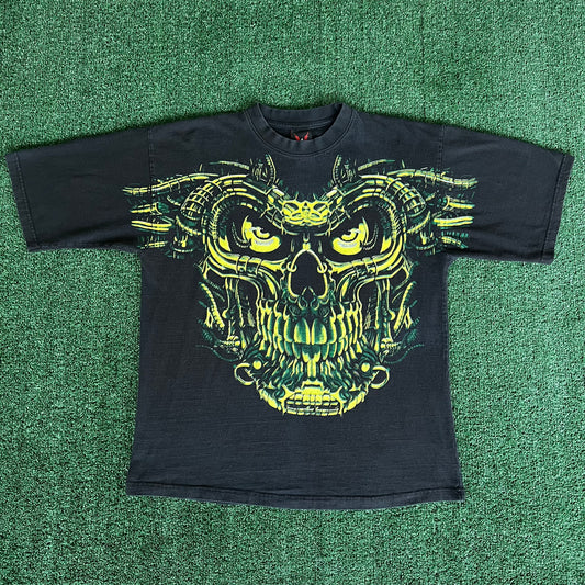 Y2K Liquid Blue Terminator Skull Black Neon Green Glow In The Dark AOP Faded Black T-Shirt - XL