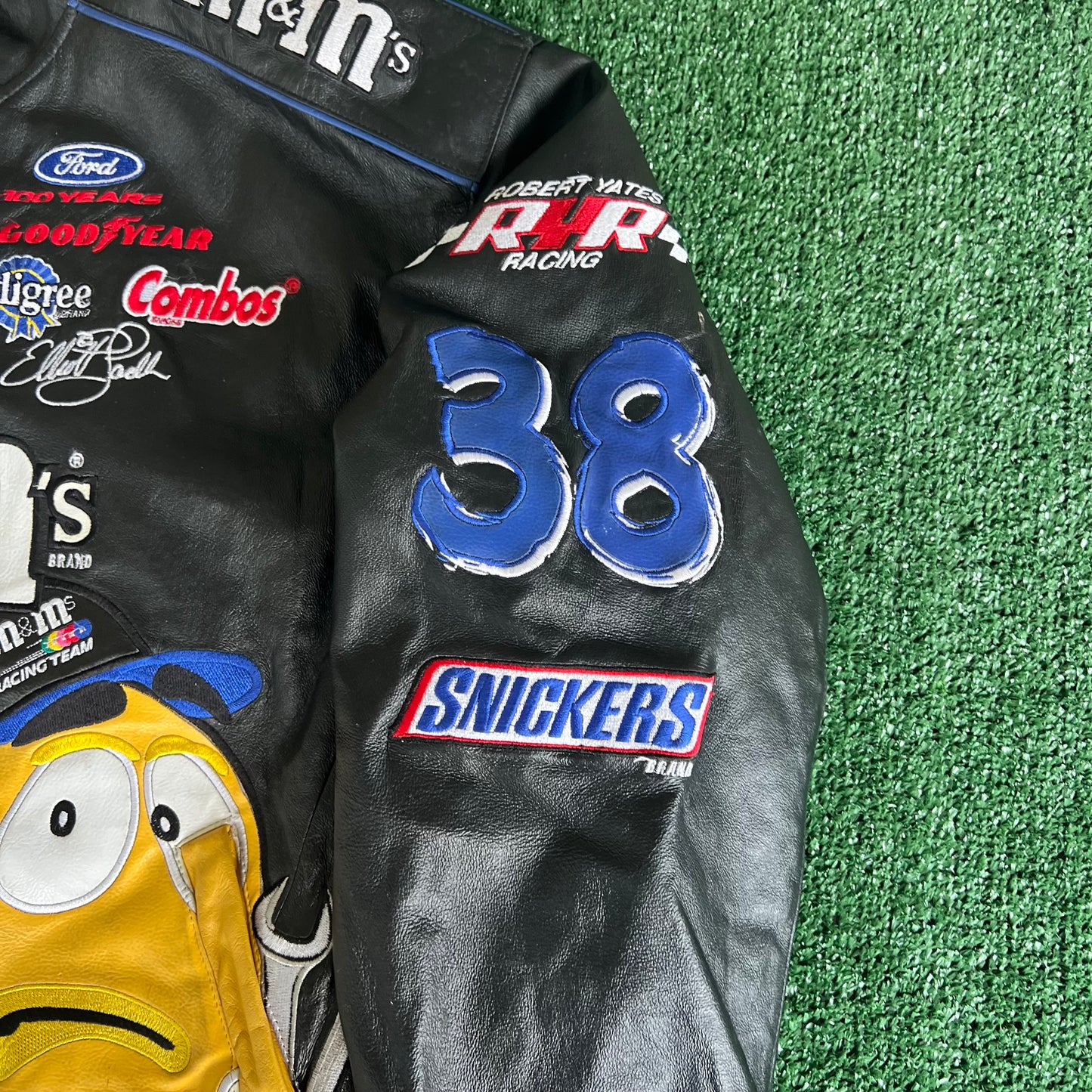 Y2K JH Design Nascar M&M's Elliot Sadler #38 Black Leather Jacket - XL