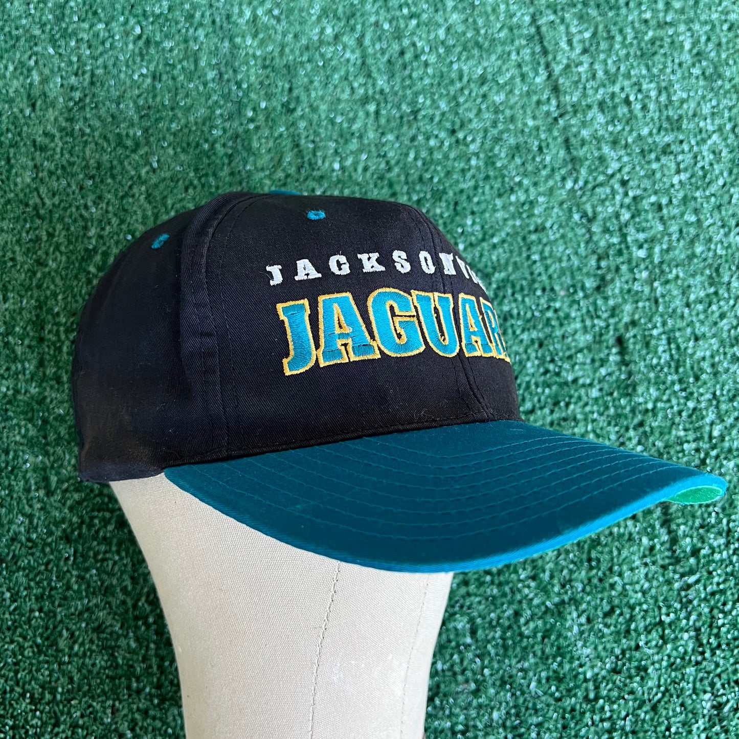 90s NFL Jacksonville Jaguars Spellout Block Letters Black Dome Snapback Hat