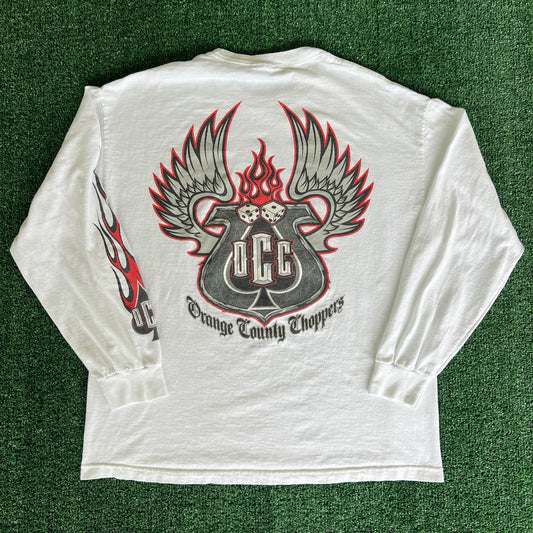 Y2K Orange County Choppers Biker Tribal Flame Dice Wings White Long Sleeve T-Shirt - XL