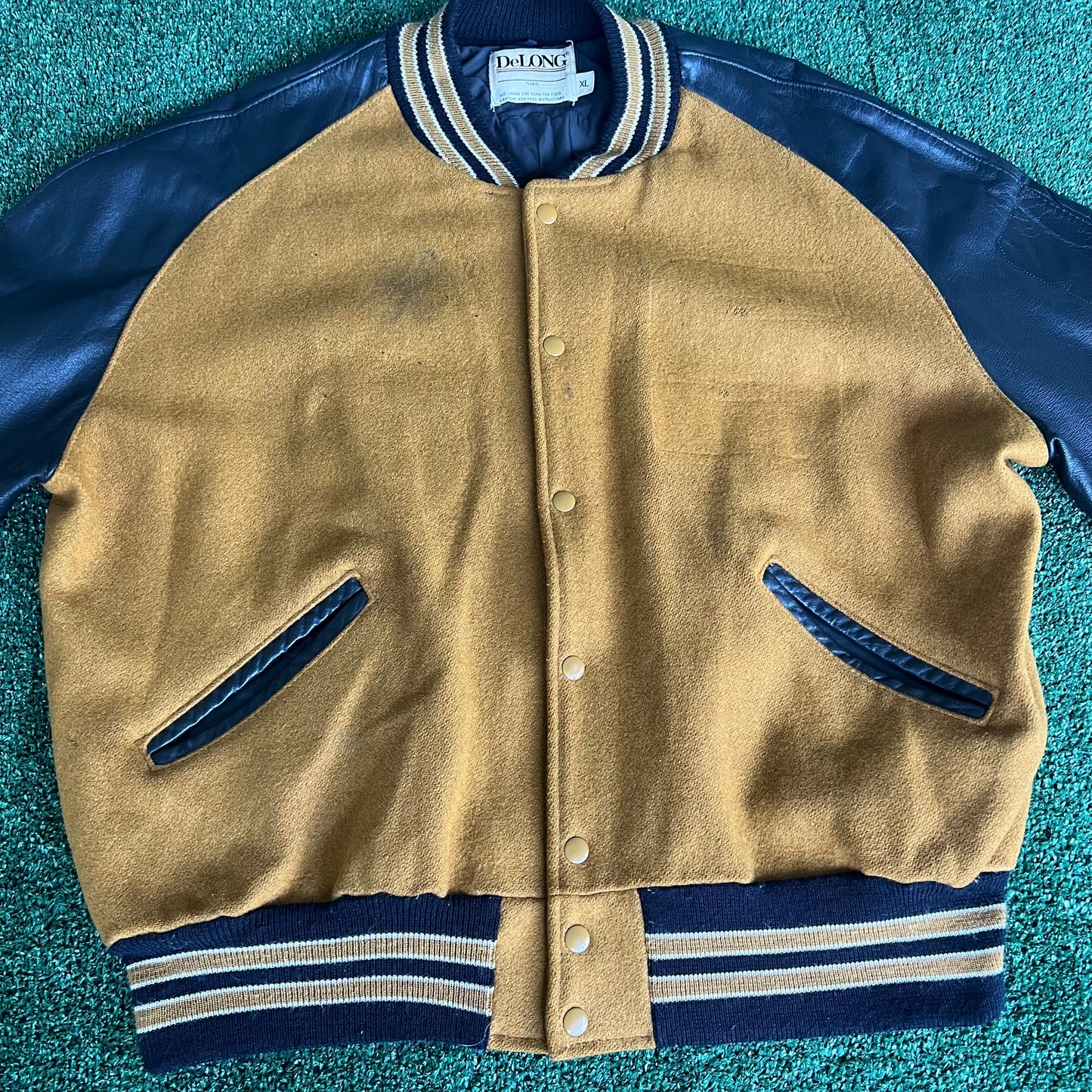 90s Delong Blank Wool Leather Mustard Yellow Black Varsity Jacket - XL