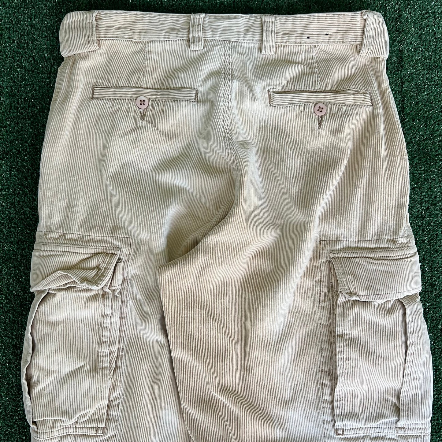 Y2K Britches Baggy Straight Light Beige Sun Faded Corduroy Cargo Pants - 33x30.5" 19" Openings