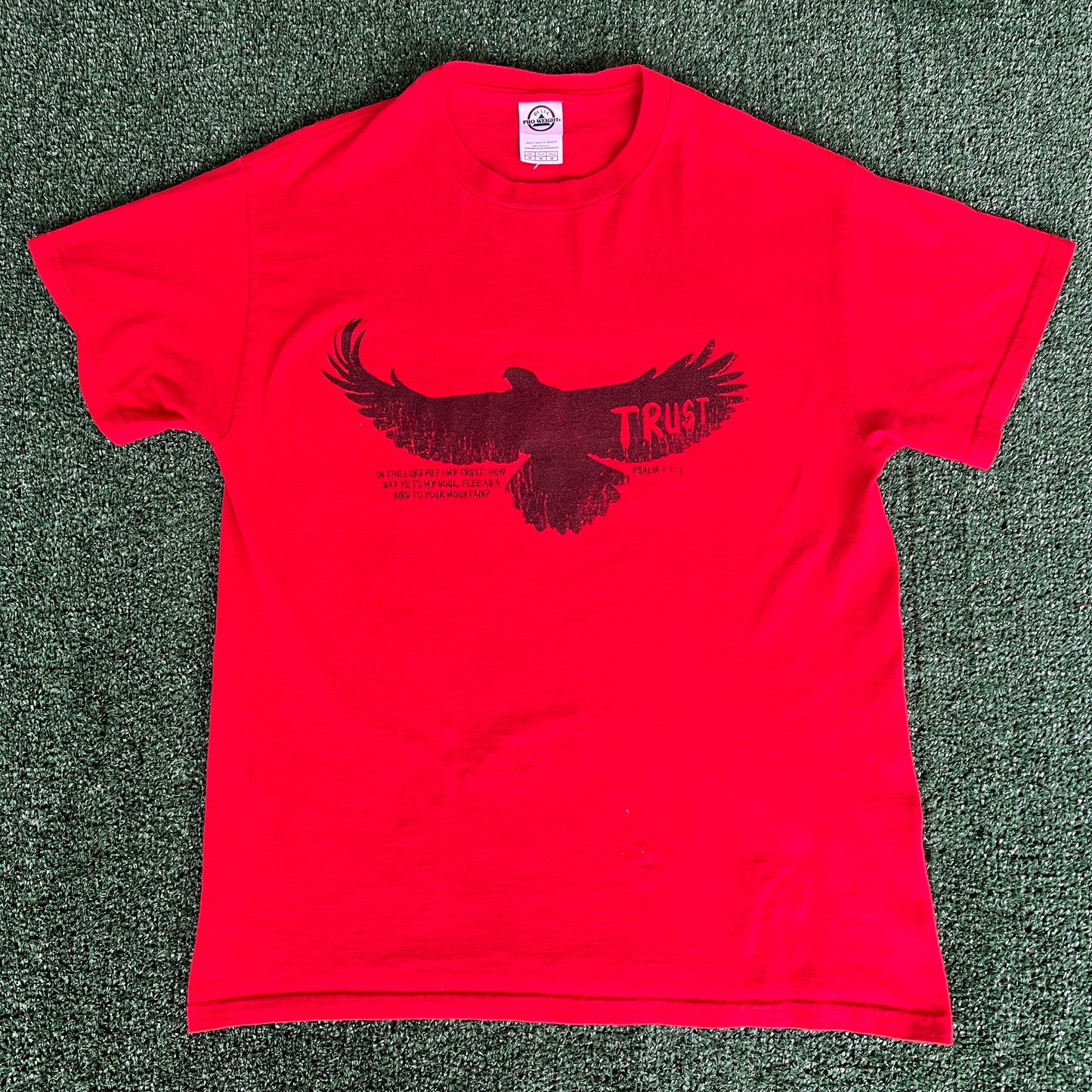 Y2K Bird Psalm 11:1 Trust Red Jesus Bible T-Shirt - Medium