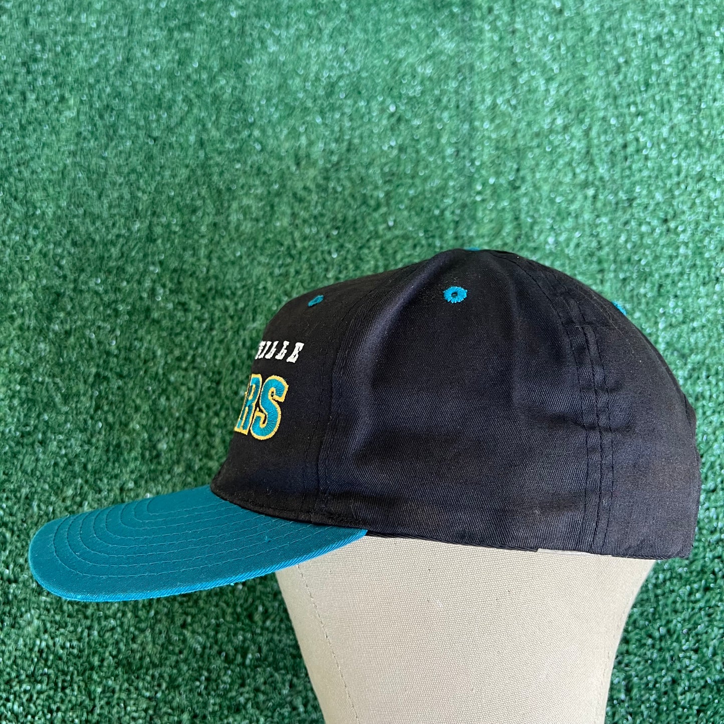 90s NFL Jacksonville Jaguars Spellout Block Letters Black Dome Snapback Hat