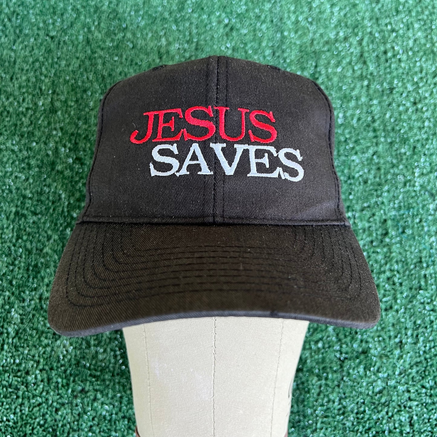 90s Jesus Saves Faded Black Snapback Hat