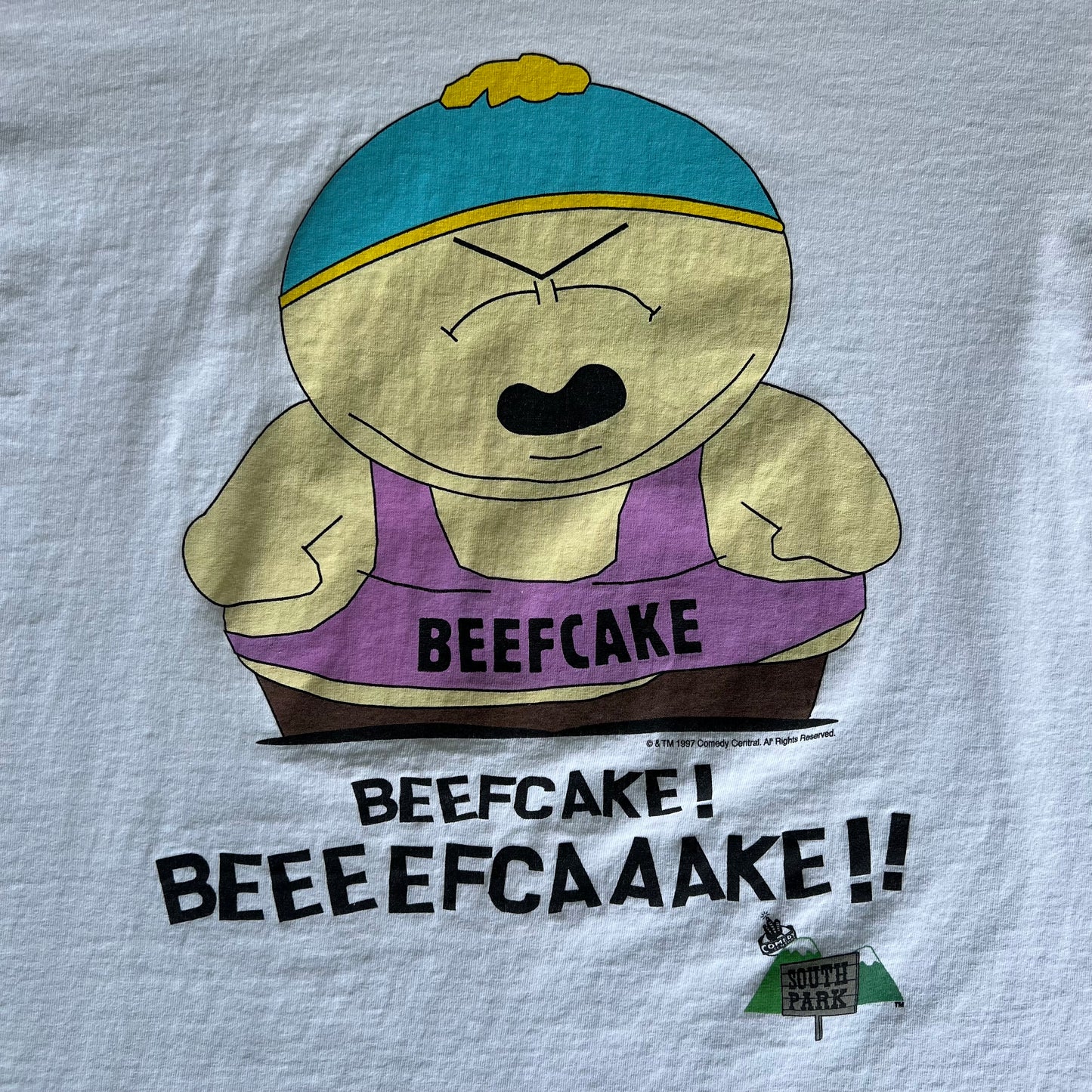 90s South Park TV Show Beefcake Cartman Funny White T-Shirt - Medium