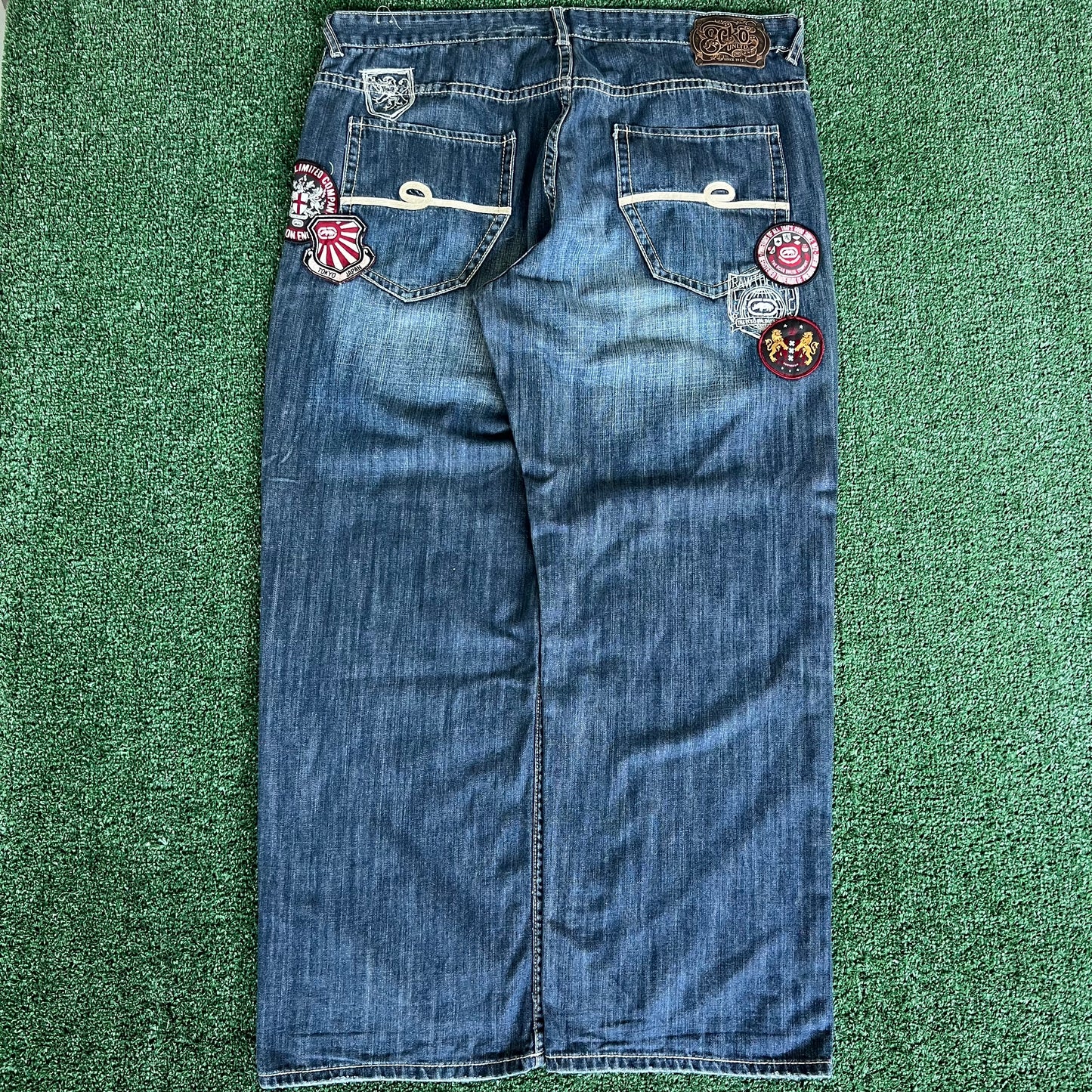 Y2K Ecko Unltd. Baggy Wide-Leg Patches Blue Jeans - 41x31" 21.5" Openings