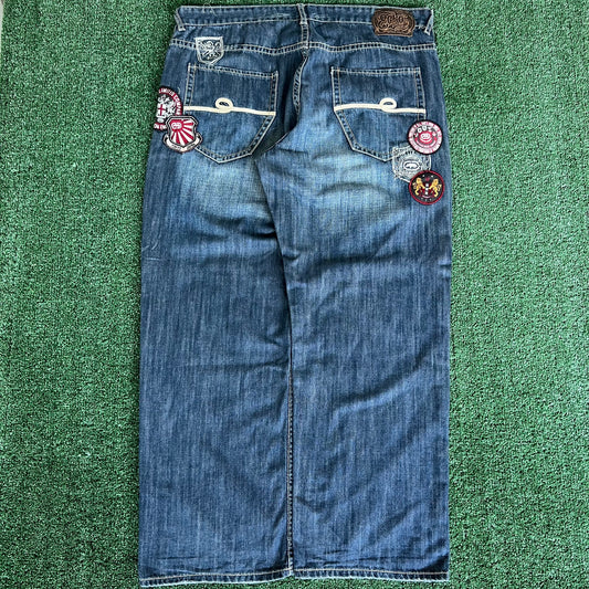 Y2K Ecko Unltd. Baggy Wide-Leg Patches Blue Jeans - 41x31" 21.5" Openings