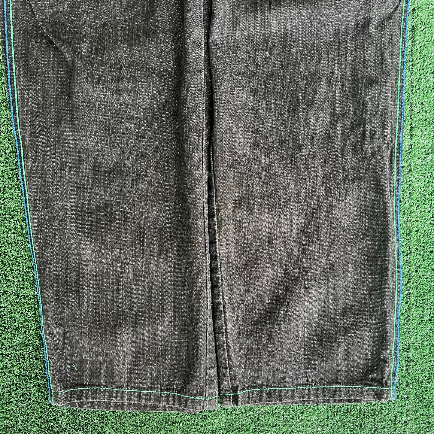 Y2K Dodeca Black Green Blue Embroidery Jeans - 32x31" 19" Opening