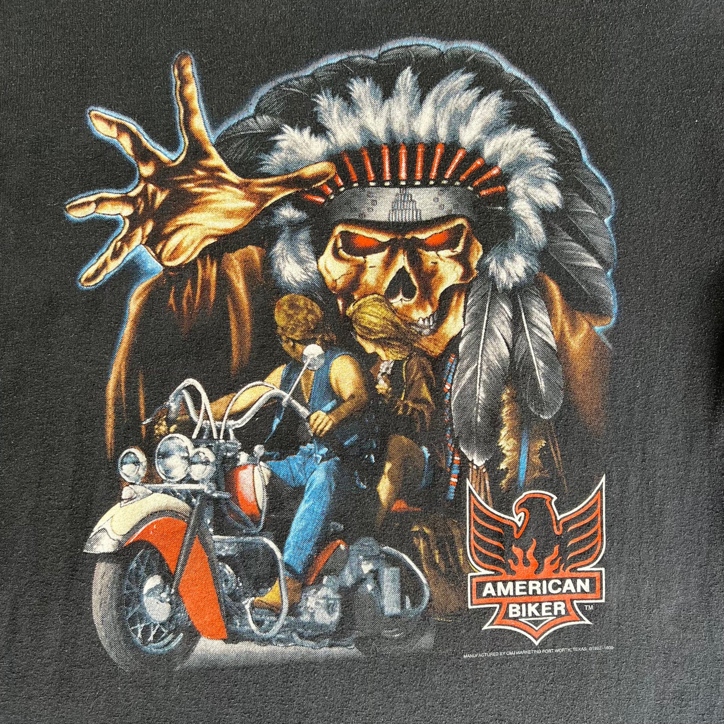 1992 3D Emblem Harley-Davidson Motorcycles American Biker Native American Skull Black T-Shirt - Large