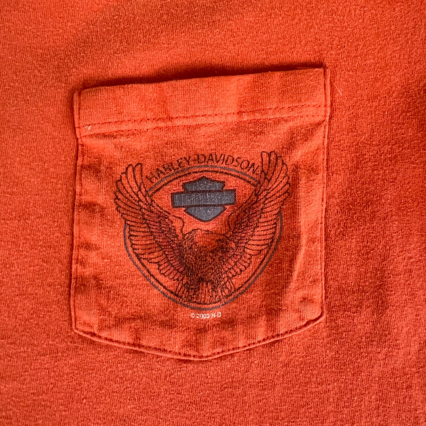 Y2K Harley-Davidson Motorcycles Orange Distressed Pocket T-Shirt - Medium