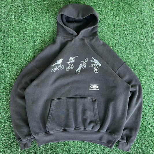 90s BMX Motorcross Team Vortex Sports Faded Black Boxy Hoodie - Large