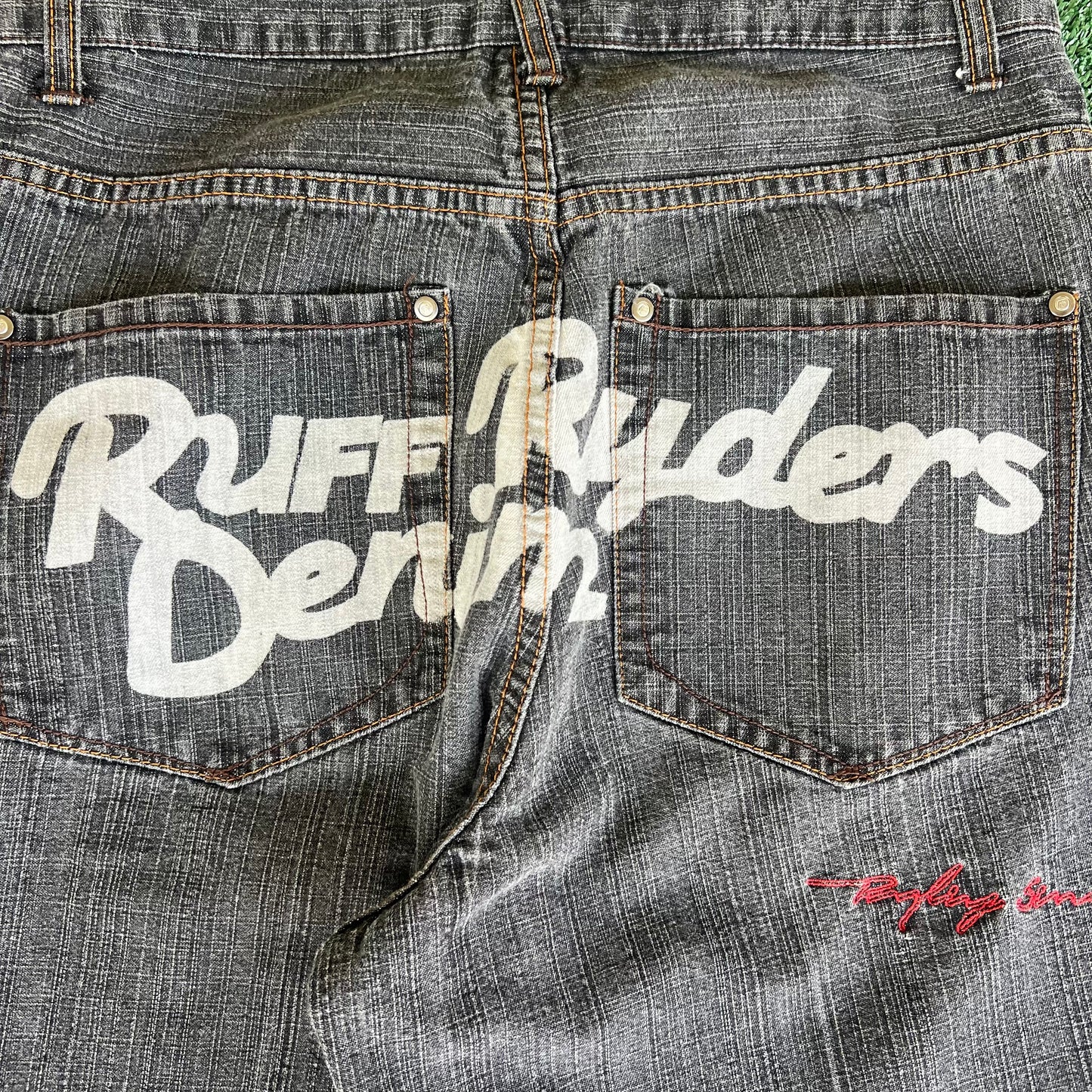 Y2K Ruff Ryders Denim Baggy Spellout Faded Black Jean Shorts - 33x14.25"