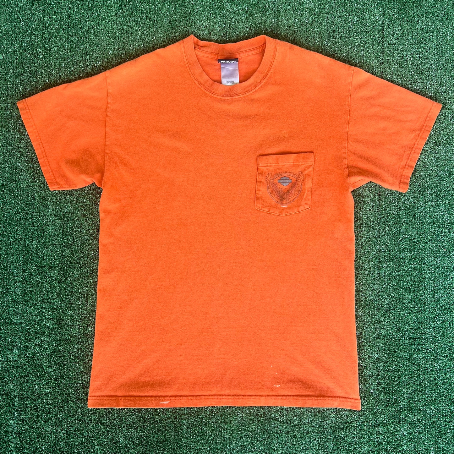 Y2K Harley-Davidson Motorcycles Orange Distressed Pocket T-Shirt - Medium