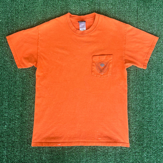 Y2K Harley-Davidson Motorcycles Orange Distressed Pocket T-Shirt - Medium