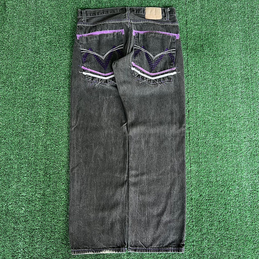 Y2K Baggy Straight Black Purple Embroidered Jeans - 35x31" 18" Openings