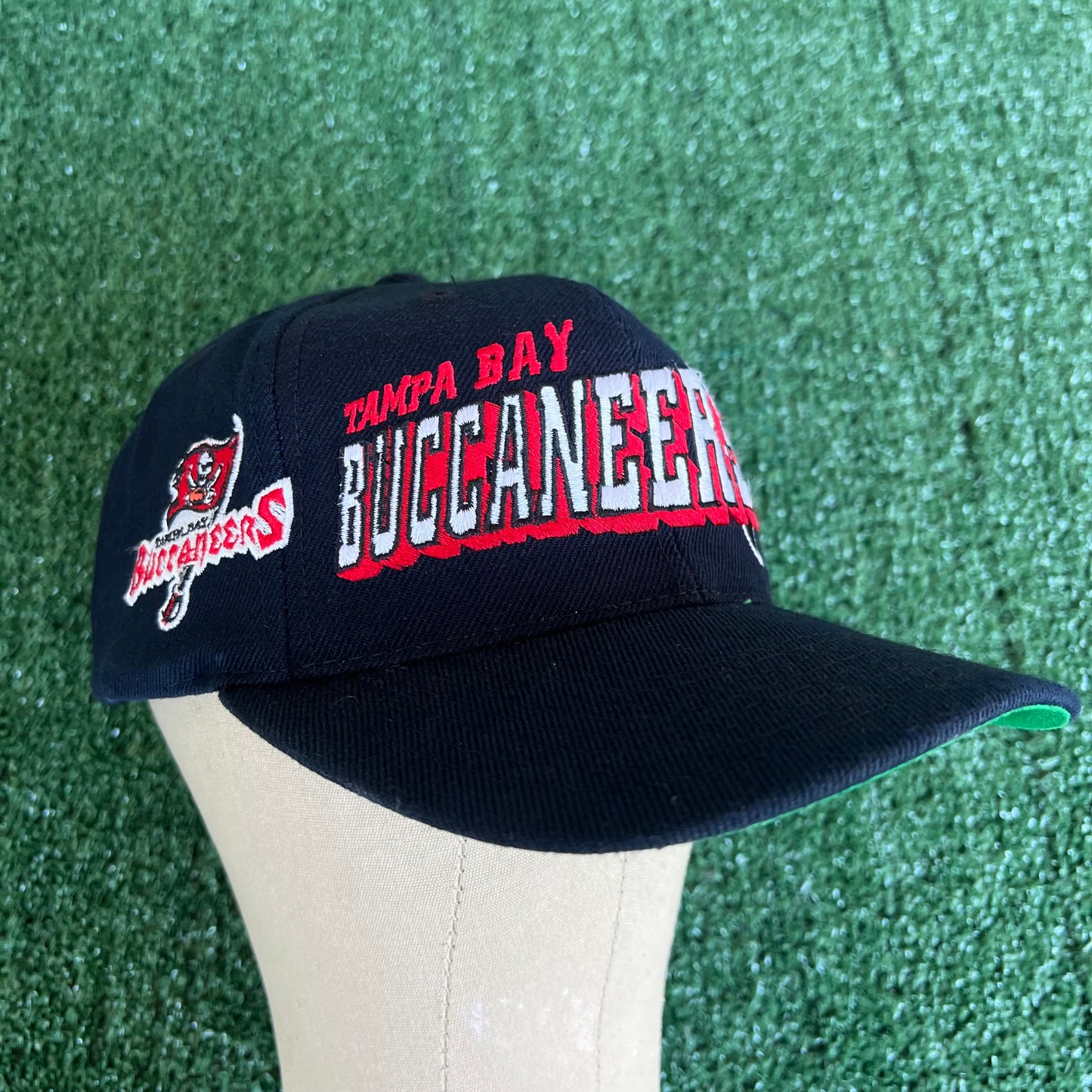 90s Sports Specialties NFL Tampa Bay Buccaneers Laser Grid Script Black Snapback Hat