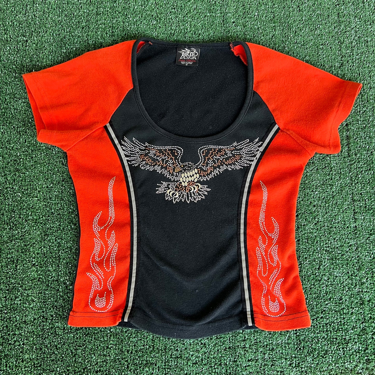 Women's Y2K Biker Design Tribal Flame Eagle Rhinestones Orange Black Scoop Neck T-Shirt - Medium