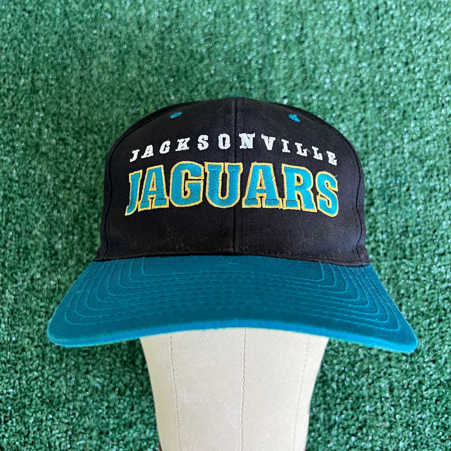 90s NFL Jacksonville Jaguars Spellout Block Letters Black Dome Snapback Hat